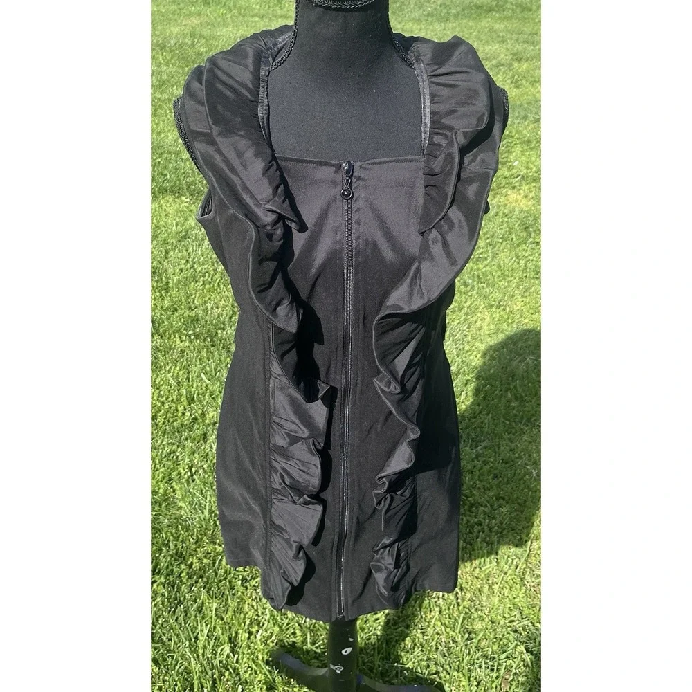 Samuel Dong  Dress Front Zipper Moldable Ruffled‎ Belted Taffeta Black Small - Picture 2 of 15